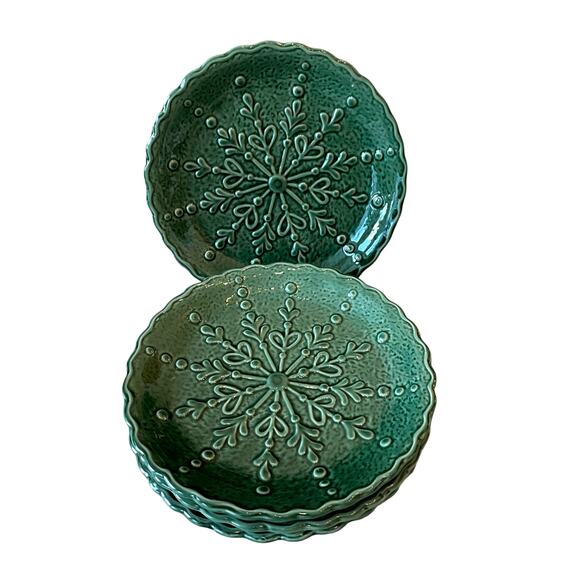Potter's Studio Snowflake Salad Plates 7.5" Holiday Green Ceramic Set of 4 New - Picture 8 of 15